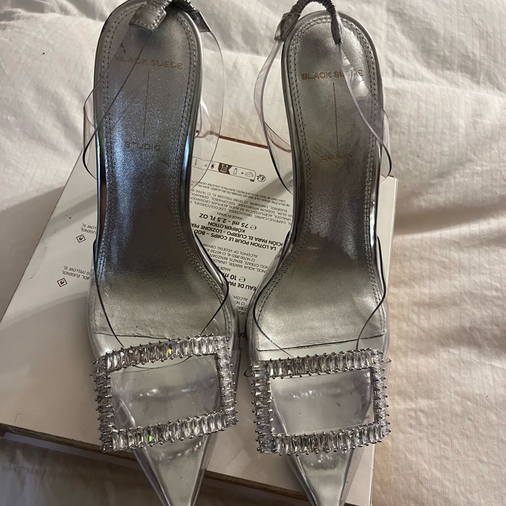 Black Suede Silver Women's Heels with Crystal Accents